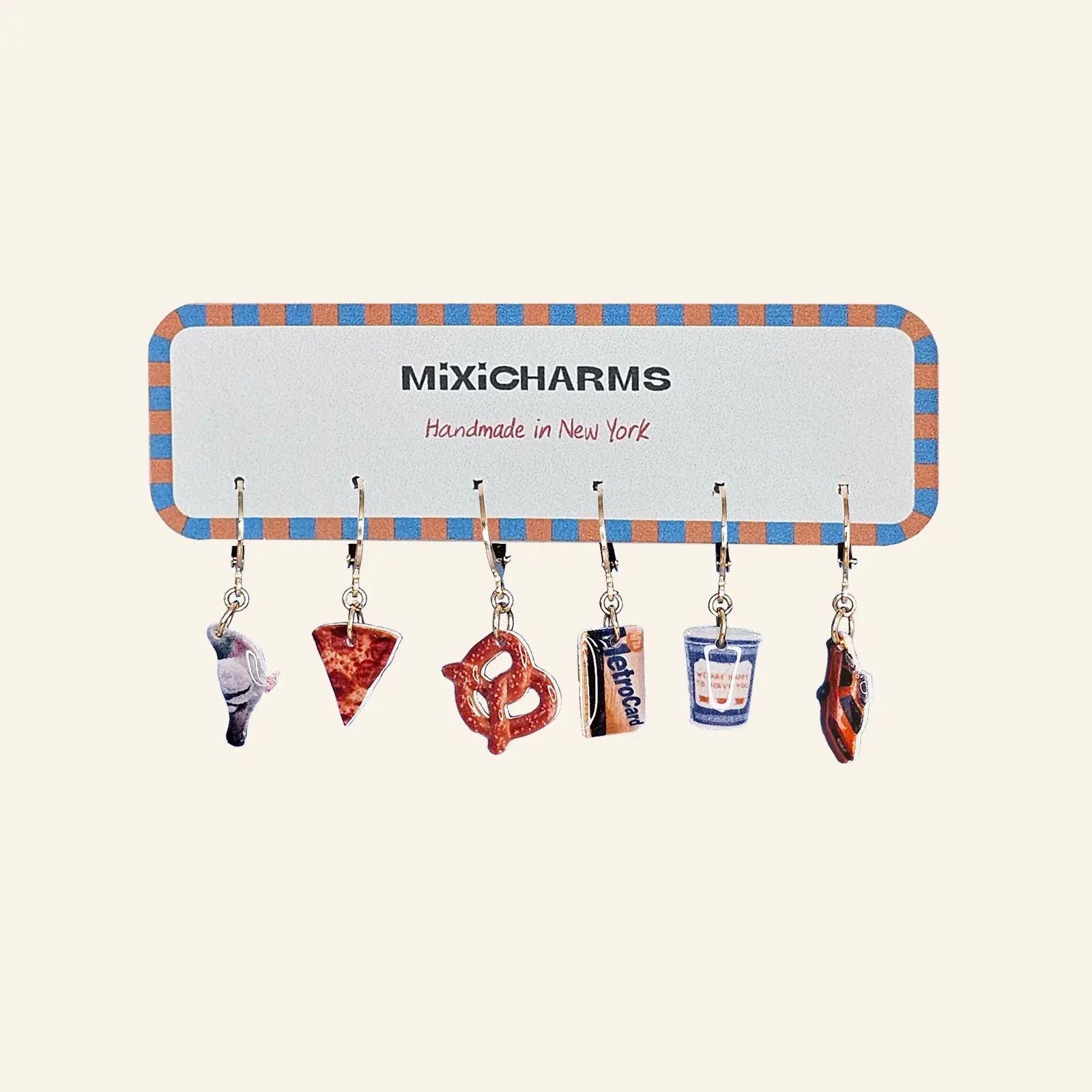 New York Minute Earrings, NYC Dangle Jewelry Set, Pigeon Pizza Pretzel Metrocard Greek Cup Taxi Cab Picture Charm Accessory
