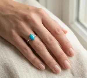 Sleeping Beauty Turquoise Ring Sterling Silver, Stacking Ring Size 8.5, Genuine Oval Turquoise Ring, Minimalist Handmade Ring