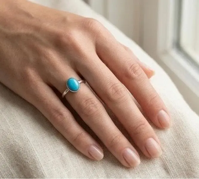 Sleeping Beauty Turquoise Ring Sterling Silver, Stacking Ring Size 8.5, Genuine Oval Turquoise Ring, Minimalist Handmade Ring