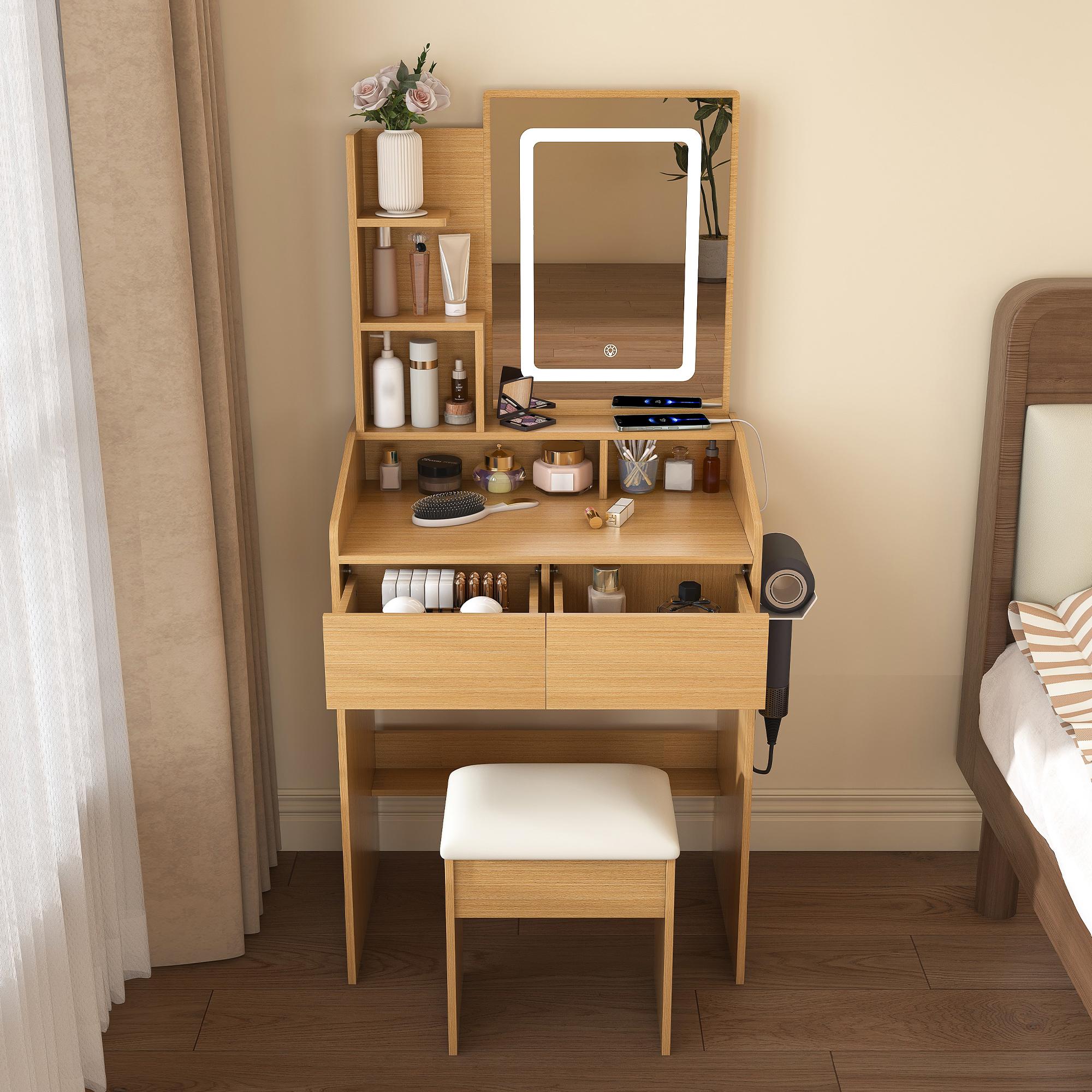 Vanity Table with LED-Illuminated Mirror, Power Outlet, Hairdryer Holder & Stool – Compact Dressing Desk for Small Bedrooms(Wood) Vanity Table with LED-Illuminated Mirror, Power Outlet, Hairdryer Holder & Stool – Compact Dressing Desk for Small Bedrooms(Wood)