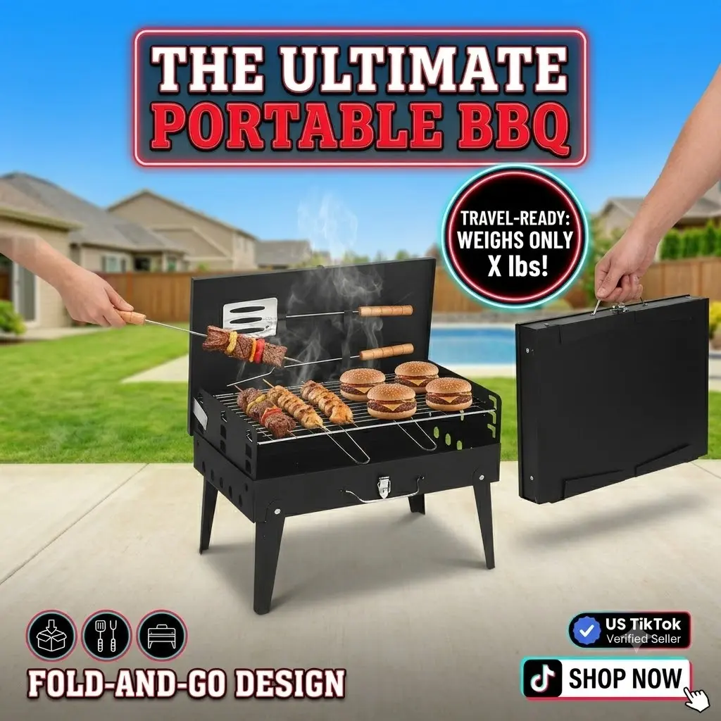 Foldable Portable Suitcase Charcoal Grill - Collapsible Tabletop Mini Grill for Camping, Tailgating - Compact Pocket-Size Backyard Smoker