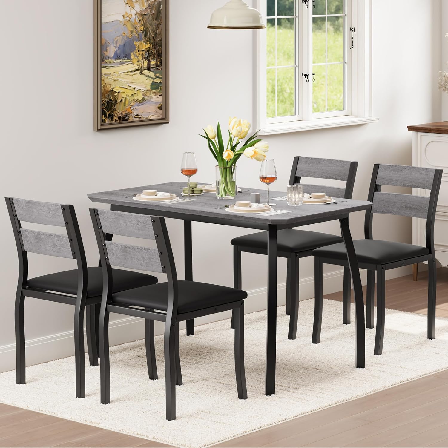 Dining Table Set for 4 Modern Kitchen Table and Chairs Set with Chamfered Edges Cushioned Seats Space-Saving Metal Frame for Dining Room Apartment Small Spaces, White & Wood Grain Color Dining Table Set for 4 Modern Kitchen Table and Chairs Set with Chamfered Edges Cushioned Seats Space-Saving Metal Frame for Dining Room Apartment Small Spaces, White & Wood Grain Color
