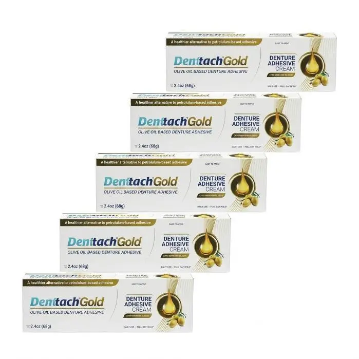🔥 BEST SELLER! Denttach Gold Denture Adhesive, Petroleum Free Olive Oil Based Premium Denture Adhesive Cream for Full and Partial Dentures, All Day Secure Hold Denture Glue, Zinc Free, 2.4 Ounce (pack of 5)