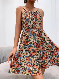A women's elegant fashion casual printed sleeveless pullover dress with elastic waist and spaghetti straps, suitable for summer, vacation, daily street wear, and home use.