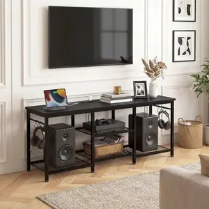 55 Inch TV Stand with Built-in Power Outlets| Rustic Media Console| Open Shelf Storage for Living Room