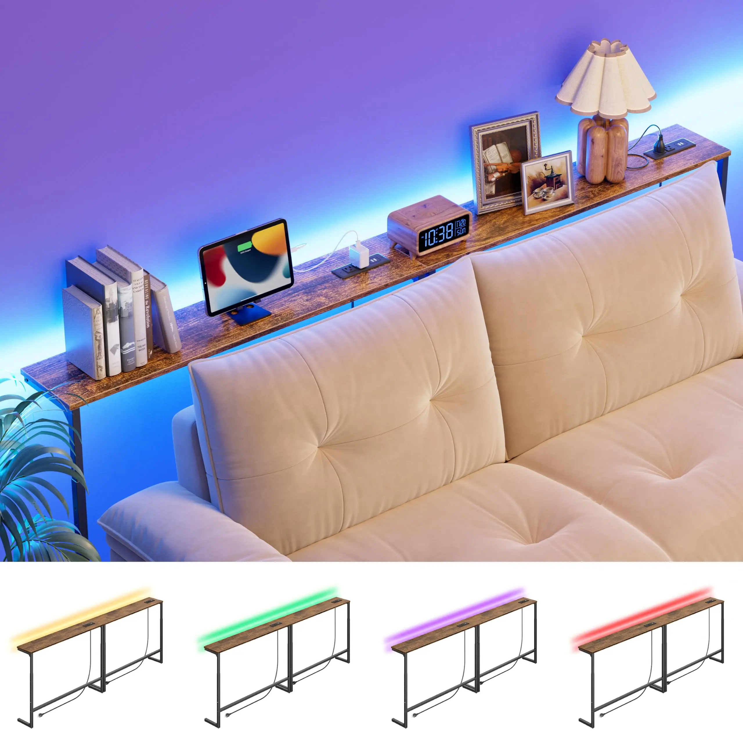 POZILAN 78.8" Extra Long Behind Couch Console Table, Height Adjustable Narrow Sofa Table with Power Outlets & RGB LED Light, Skinny Charging Entryway Table for Living Room