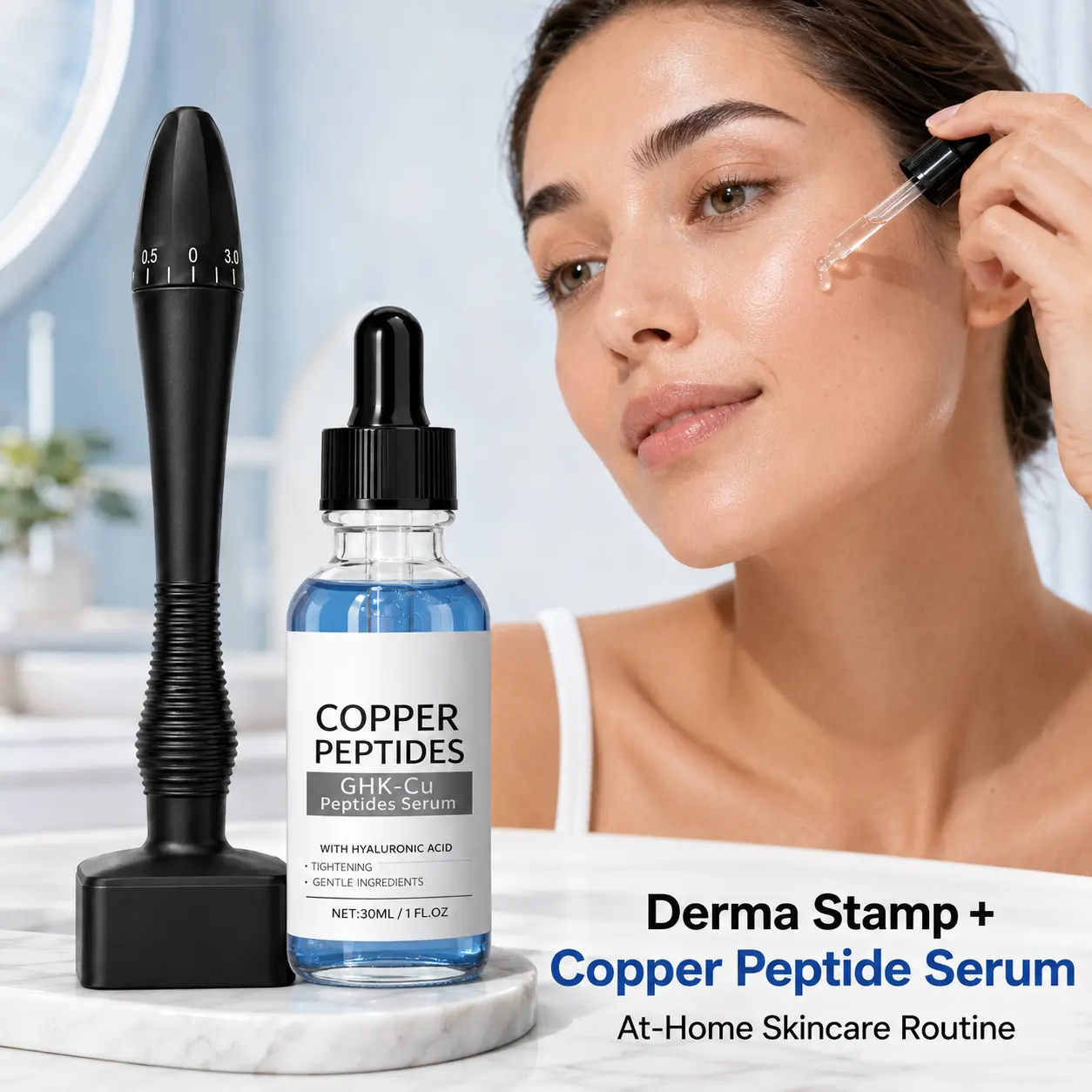 Derma Stamp with Copper Peptide Serum, At-Home Facial Skincare Kit with GHK-Cu Peptides & Hyaluronic Acid for Smooth Looking Skin Routine
