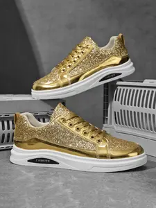 Men's Luxury Sparkling Rhinestone Air Cushion Sneakers, Sports Shoes, /gold, Leather & Mirror Material, Shockproof Thick Sole, Casual Business Shoes