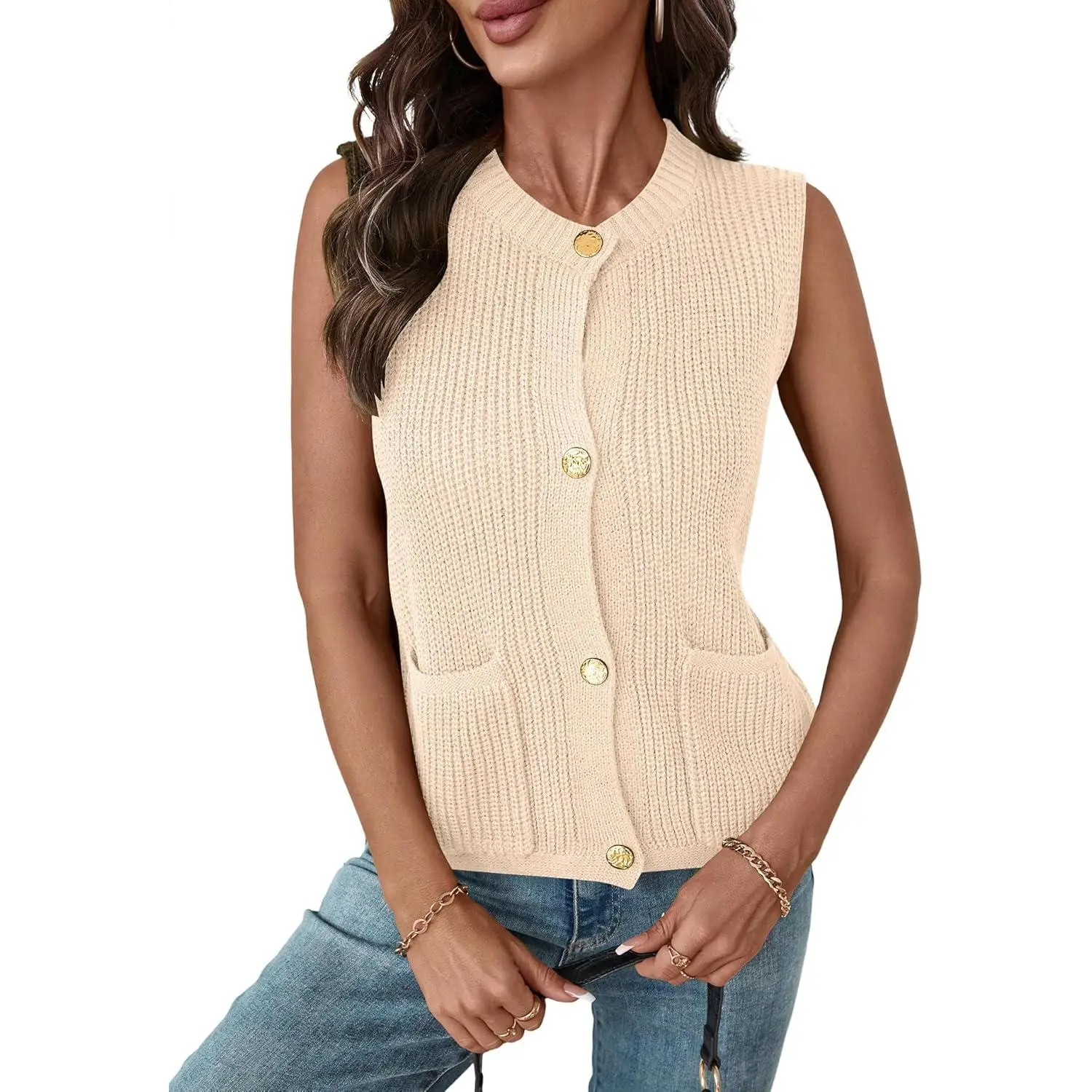 Women's LUYAA Chunky Crochet Sleeveless Button-Down Sweater Vest - Lady's 2025 Trendy Summer Casual Top