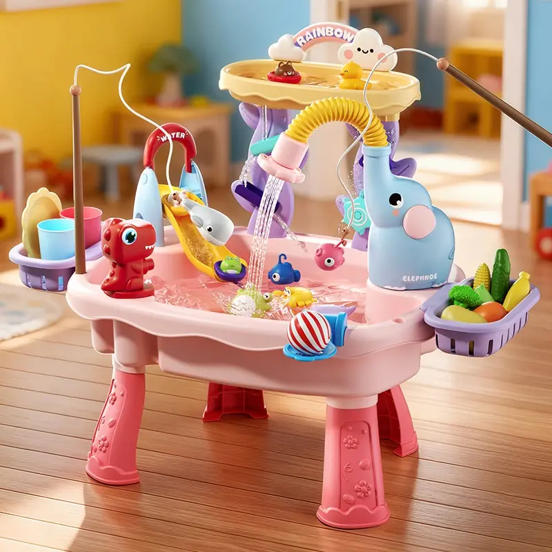 Cute Elephant Water Play Table, Slides, Dual Layer Activity Table, Kids Multi-Functional Water Table, Kitchen Sink Pretend Play, Fishing Toys, Fishing Rods, Vegetables