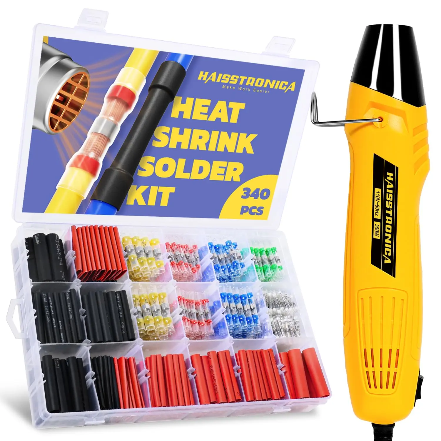 Haisstronica 340 PCS High-Quality Electrical Connectors Full Kit - 3:1 High-Quality Shrink Tubing (45mm Long), 350W Heat Gun, Low-Melt Solder Sticks, Solder Seal Wire Terminals for Marine, Hobbyists, Car Wiring