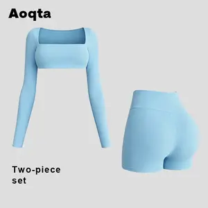 Aqota Women's casual sports yoga two-piece set, square neck long sleeve top, slim fit high-waisted shorts version, stretchy, comfortable and breathable, suitable for gym training, Pilates, running and casual wear.