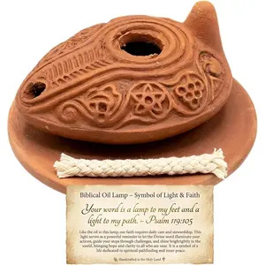 Authentic Clay Oil Lamp with Plate & Biblical Card – Handmade Biblical Style Earthenware Lamp with Wick – Christian Prayer, Anointing & Faith Gift Holy Land Inspired Décor