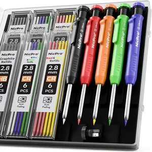 Nicpro 5 Carpenter Pencil with Sharpener, Mechanical Pencils Set with 41 Refills (Red, Black, Yellow, White, Green, Blue), Deep Hole Marker Construction Woodworking Pencils  With Case