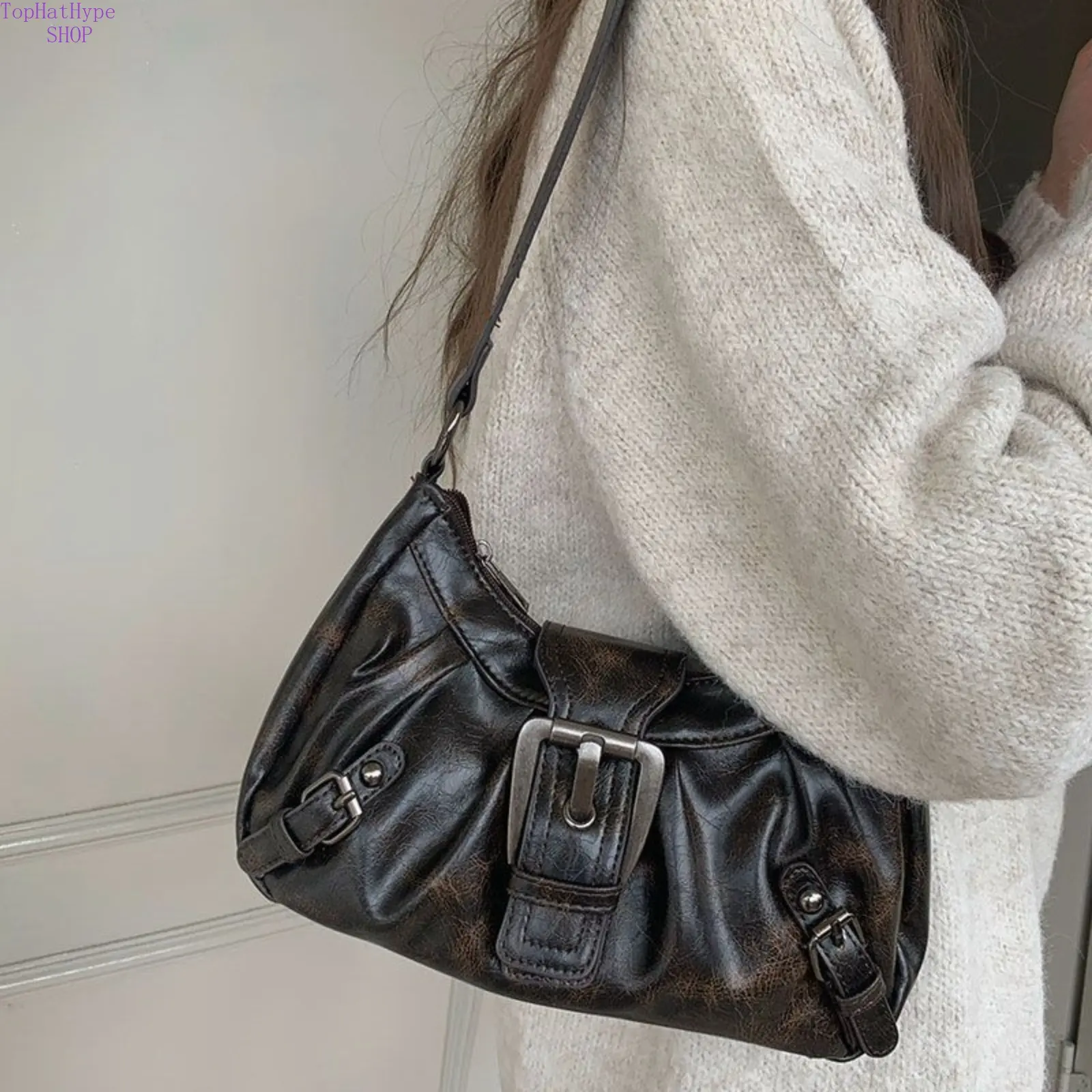 Vintage Distressed Y2K Punk Moto Underarm Bag for Women, Post-Apocalyptic Aesthetic Top Handle Shoulder Bag, French Inspired Textured All-Match Handbag, Edgy Retro Stylish Purse Perfect for Streetwear, Party, Club, Concert & Daily Casual Outfits