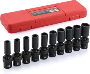 10 count 3/8" Drive Deep Standard Universal Impact Socket Set, 6 Point, CR-MO, Metric,10-19mm
