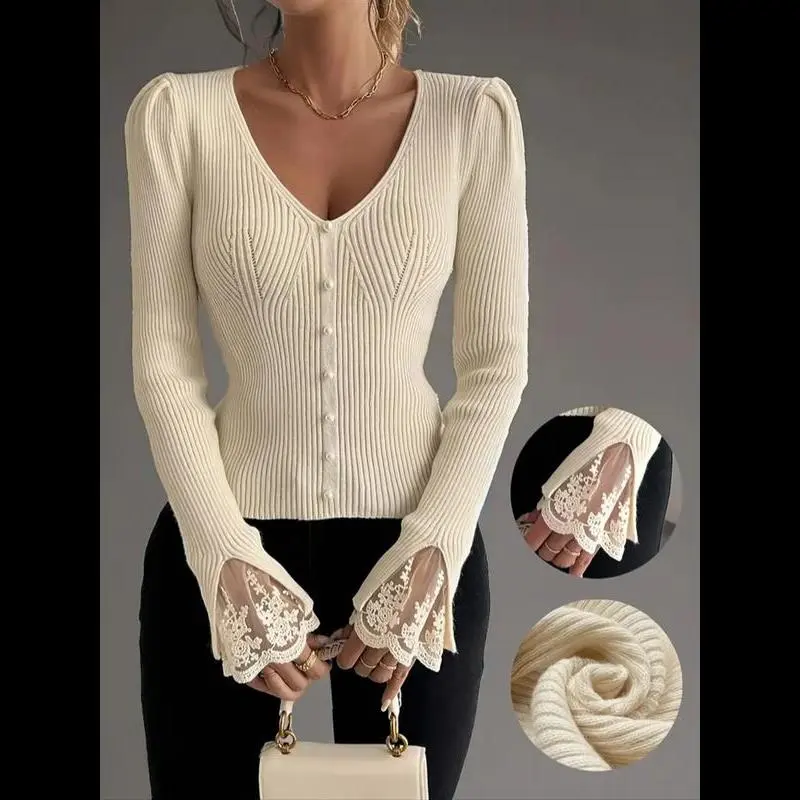 Elegant V Neck Pullover Sweater, Women's Long Sleeve Knit Top with Button Front Design, Soft Comfortable Fabric for Casual & Formal Wear