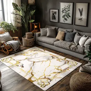 Luxury Marble with Gold Vein & Greek Key Border Flannel Area Rug - Modern Ornate Frame Print Soft Mat for Living Room & Hallway, Non-Slip Elegant Home Decor #LuxuryMarbleRug #GreekKeyBorderMat #ElegantHomeDecor #GoldVeinCarpet #NonSlipFlannelRug