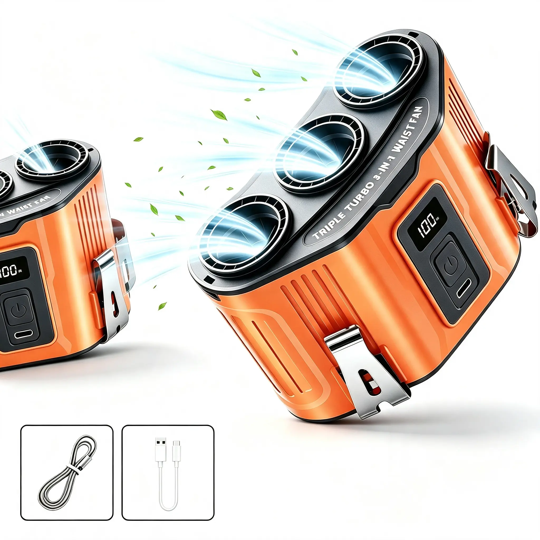 XJINGD Triple Turbine Belt-Worn Waist Cooling Fan - USB Rechargeable Portable Fan, Multi-Speed, Hands-Free, Skin-Friendly, Long-Lasting Battery, USB Port Mini Device for Outdoor Construction, Summer Daily Use