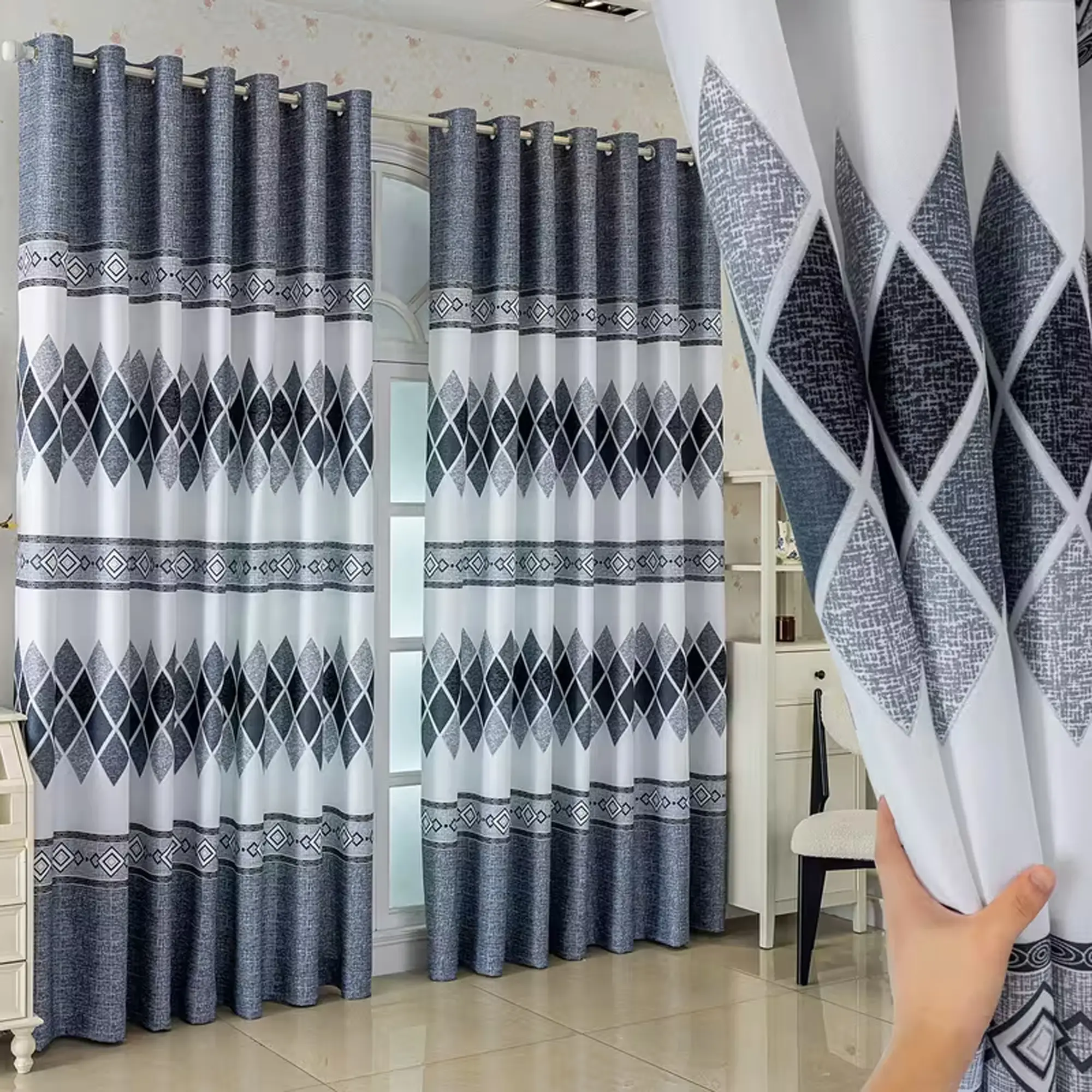 Modern Nordic Geometric Blackout Curtain, Thermal Insulated Drapes with Ring Top Design, Suitable for Living Room Bedroom Kitchen Balcony