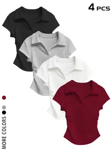 TikTok Viral 2026 Women's 4 Pack Lady Ruched Polo Crop Tops，V Neck Collared Short Sleeve Fitted T-Shirts，Daily Wear, Office, Brunch, Casual Outings - Trendy Summer Outfits for Teen Girls & Young Women，2026 Basic Polo Tops, Womenswear
