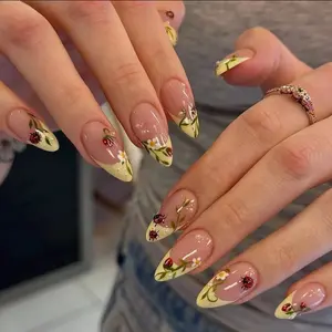 S191 Spring Bloom Press-On Nails, 3D Ladybug & Bee Accents, Yellow Floral French Tips, Garden Vibes, Custom Handmade, Solana Nails Town