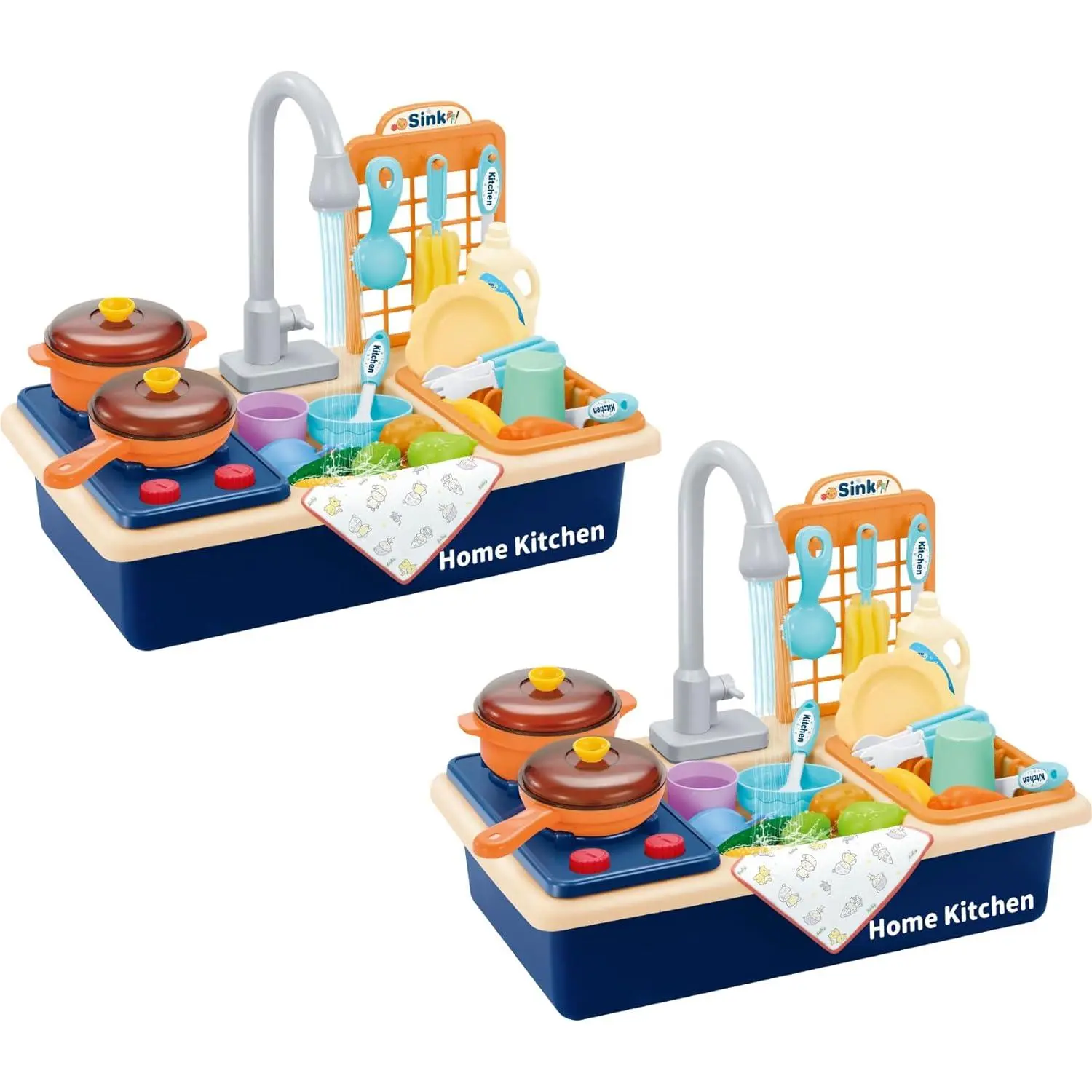 Pretend Kitchen Sink Play Set with Cooking Stove, Pots and Pans, Dishes and Cutting Food | Comes with Realistic Water Circulation and Spray | Lights and Sound (2 Sets)