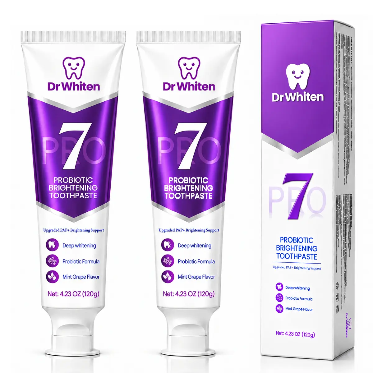 DrWhiten New 7-Pro Probiotic Purple Toothpaste | Fresh Breath & Color-Correcting Formula | Helps Balance Yellow Tones | Fluoride-Free | Mint Grape Flavor | 4.23 oz