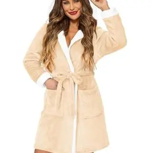 Womens Hooded Bathrobe Fleece Robe Super Soft Plush Robe Velour Bathrobe