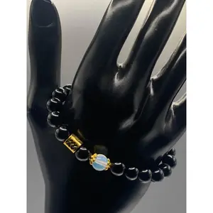 Aquarius Zodiac black obsidian with opalite semi precious stone/crystal elastic beaded bracelet with gold accents