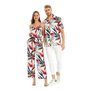 Matchable Couple Hawaiian Luau Shirt or V-Neck Jumpsuit with Pockets in Garden at Dawn