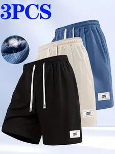 Men’s casual athletic shorts, 3-pack; summer breathable corduroy drawstring shorts with pockets and an elastic waistband; lightweight polyester suitable for outdoor running, gym workouts, training, and the beach; available in multiple colors.