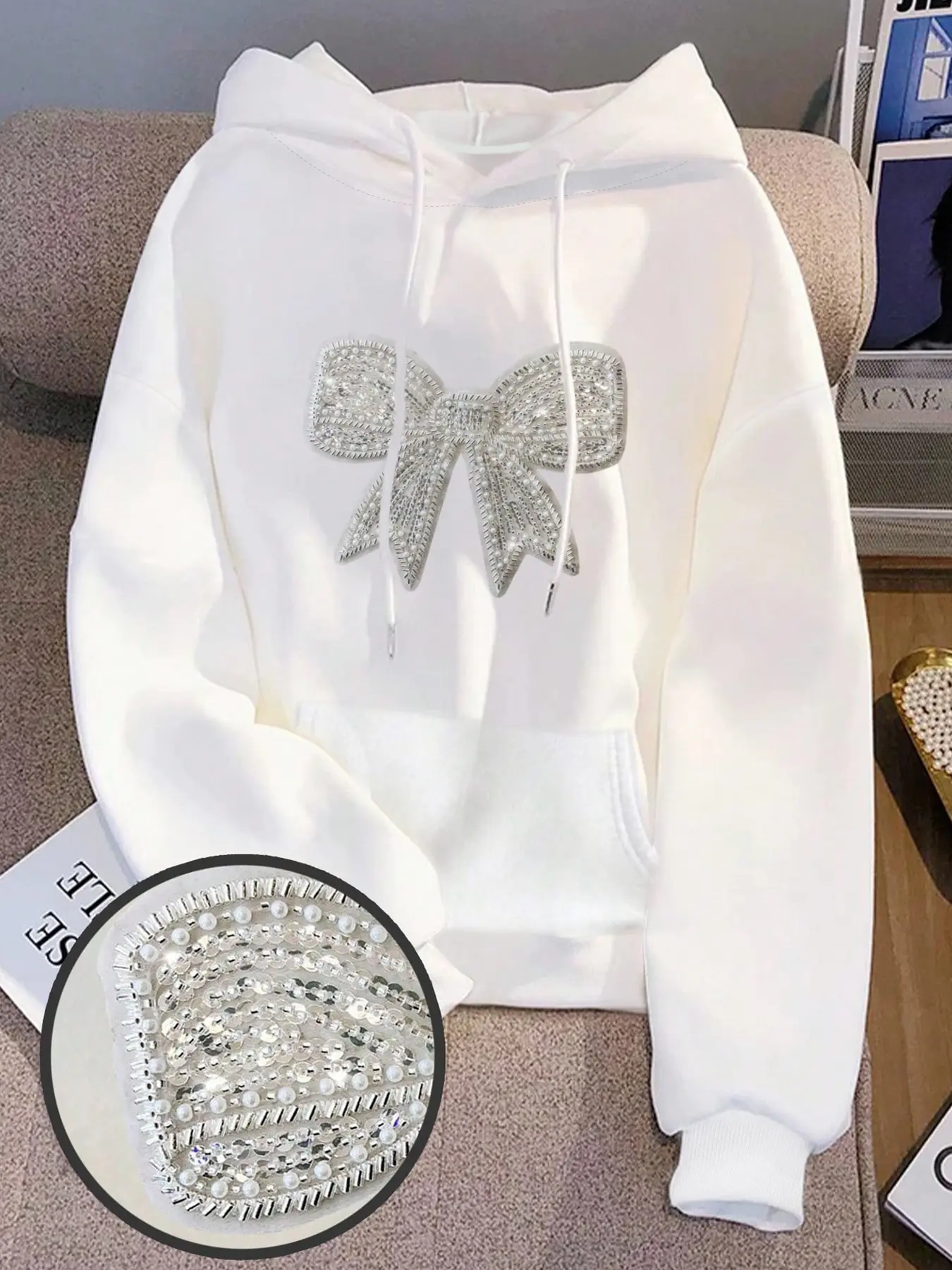 Women's Sequined Bow Fleece Hoodie, Loose Fit Pullover Sweatshirt, Soft Knit Casual Street Style, Spring & Fall Fashion