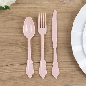 72 Pcs Plastic Silverware Set Blush in Baroque Style - Heavy Duty Disposable Knife, Fork, and Spoon Set