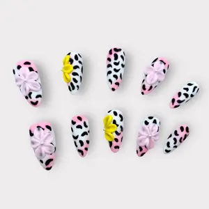 PressItOn's Savage Blossom, 100% Hand-Painted Almond Nails, Matte Black Leopard Print, Pink Color Blocks, 3D Pink Floral Carving, 3D Yellow Flower, Luxury Matte Press On Nails