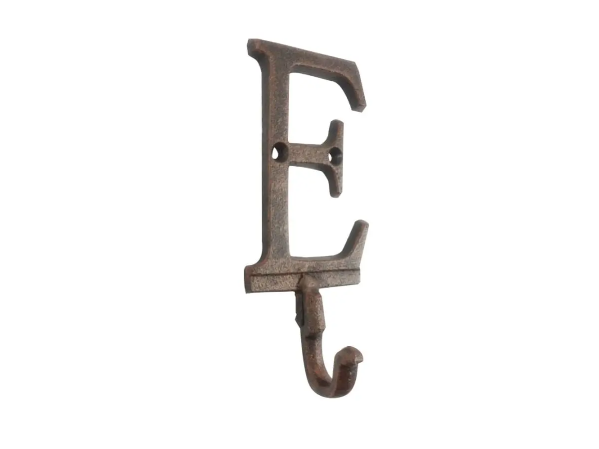 Handcrafted Model Ships K-9056-E-rc 6 x 1 x 3 in. Rustic Copper Cast Iron Letter E Alphabet Wall Hooks, Indoor/Outdoor, Decor, Antique