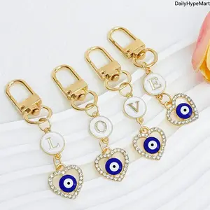 Love Evil Eye Oil Dripping Alloy Keychain Bag Charm Pendant with Heart Design and Blue Eye Detail
