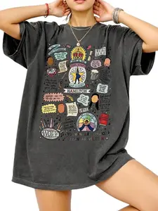 Women's Vintage Washed Cotton T-Shirt, Hamilton Musical Patchwork, Loose-Fitting Short Sleeve, Casual Daily Wear, Concert Essential