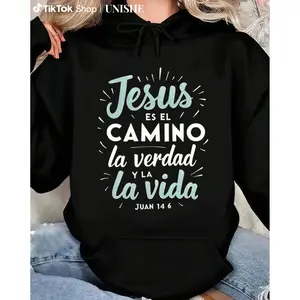 Women's Long Sleeve Hoodie with Religious John 14:6 & Spanish Verse "Jesus es el Camino", Machine Wash Friendly
