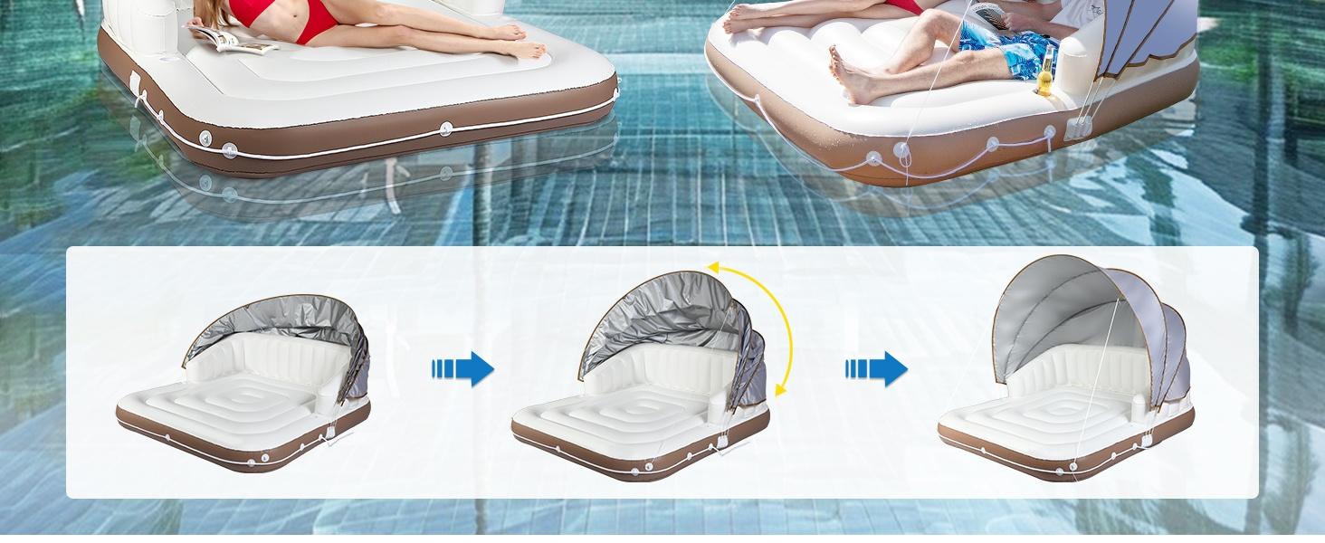 Inflatable Pool Float with Canopy & Cup Holders, Heavy Duty Floating Lounge Raft for Adults Kids, Durable Water Float for Pool Beach Lake River Summer Water Party
