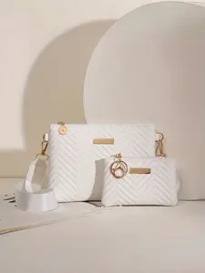 1 piece of women's wave-patterned embossed combination bag, solid color, shiny metal hardware, shoulder bag, Crossbody shoulder purses, handbag with zipper and detachable shoulder strap