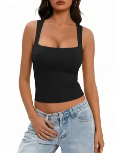 Women's Chic Double-Layered Slim-Fitting Square Neck Elegant Sleeveless Stretchy Tank Top - High-Quality Fabric, Casual Wear, Summervibes, Classy Tops, Elegant Sleeveless Top