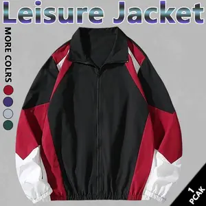 Men's Splicing Color Zip Jacket Regular Fit Casual Long Sleeve Polyester Coats Tops with Zipper for Fall Winter Daily Wear fall,outfits Menswear fits  streetwear