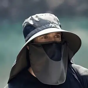 Men's Polyester Breathable UV Protection Sun Hat, Detachable Face Mask and Neck Flap, Summer Outdoor Fishing Cap, Ideal for Hiking, Washable, Perfect Gift!