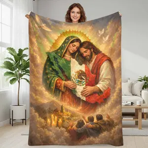 Religious Jesus & Mary Virgin Mexico Flag Flannel Blanket - Divine Emblem Art Print, Soft Cozy Lightweight Warm Wearable Bedding Throw, Ideal for Home Decor, Patriotic Celebrations, Personal Devotion Gifts summerwins