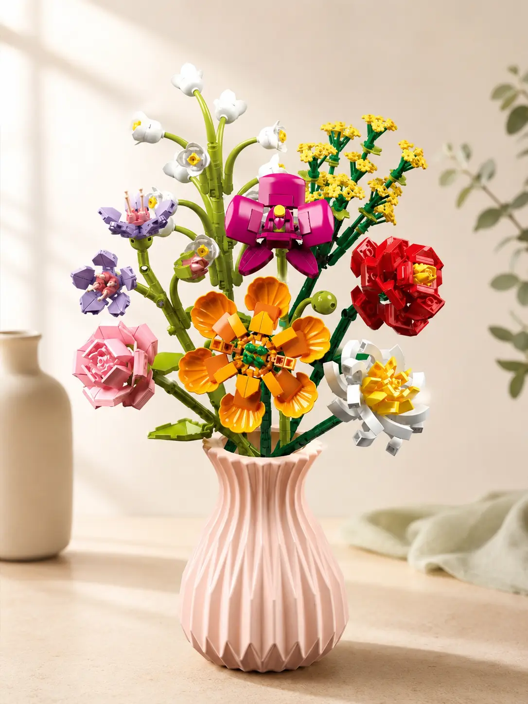 756-Piece Sculpture Floral Bouquet Building Set, DIY Micro Interlocking Plastic Blocks, Vase-Included Decorative Craft Gift for Home Office Tables