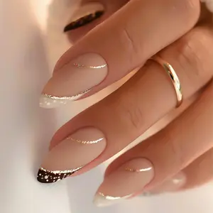 French Style Gold Almond Tips | 24 Press on Nails | Minimalist Design