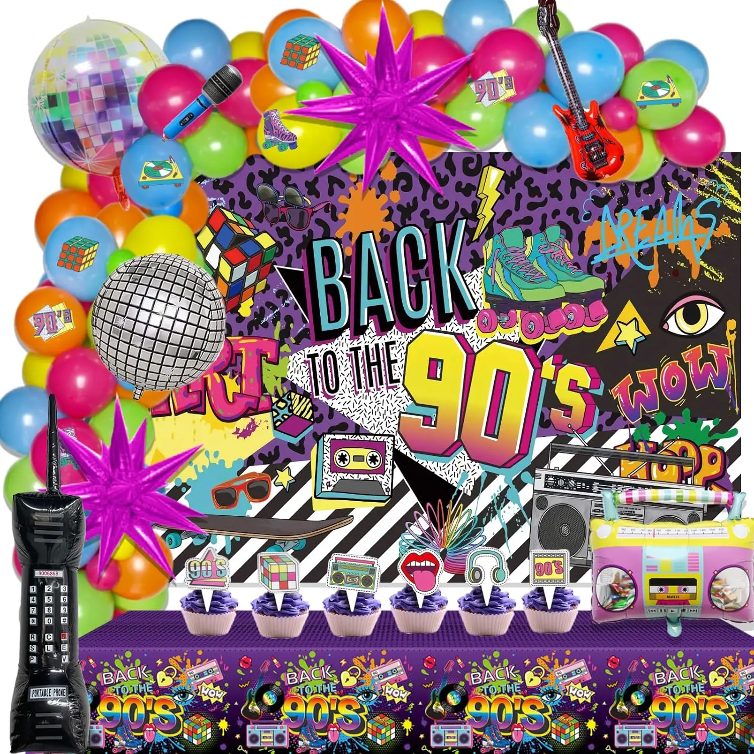 143 Pcs 90S Party Decorations Kit with 72 Latex Balloons, 12 Gold Cone Foil Balloons, Disco Themed Balloons, Backdrop, Tablecloth, Cutouts, Cupcake Toppers, and More for Retro Themed Parties