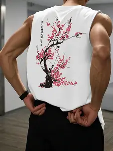 Men's Casual Sports Vest, Lightweight Breathable Knit Fabric, Japanese Text and Tree Pattern, Round Neck Sleeveless Top