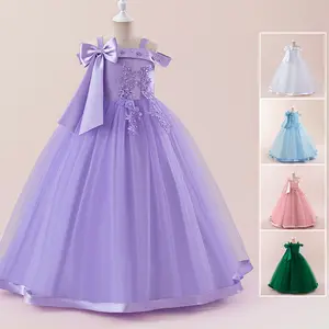 6-12Y Dark Pink 0028 Kids Clothes Flower Girls Princess Long Ball Gown  Floral Beading Mesh Bow Ball Gown Frock Children Formal Evening Party Banquet Pageant Prom Host Cocktail Dress